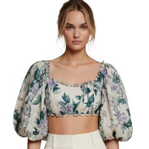 Zimmermann Floral Linen Puff Sleeve Crop Top Cream Multi 0